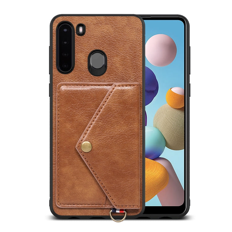 For Samsung Galaxy A21 EU Version Litchi Texture Silicone + PC + PU Leather Back Cover Shockproof Case with Card Slot