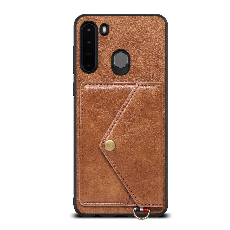For Samsung Galaxy A21 EU Version Litchi Texture Silicone + PC + PU Leather Back Cover Shockproof Case with Card Slot