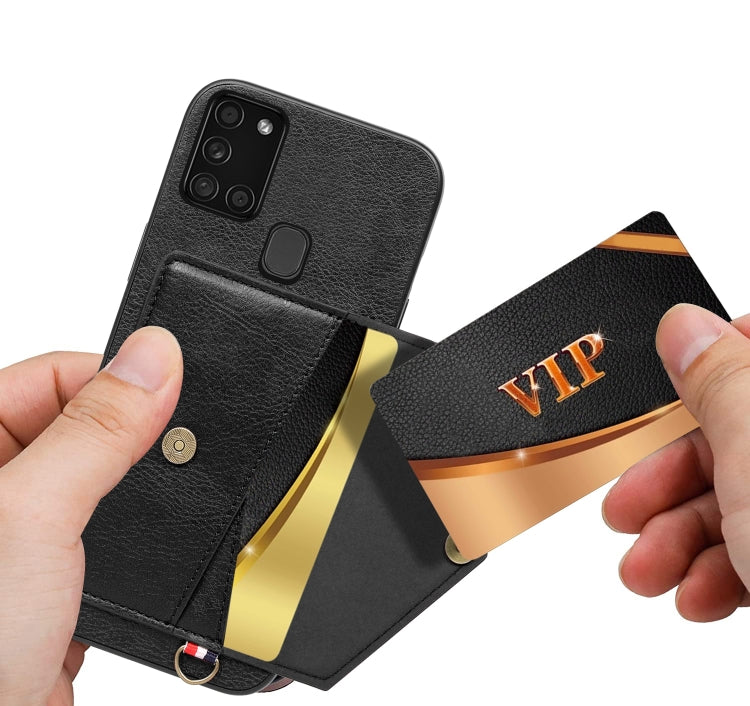 For Samsung Galaxy A21s EU Version Litchi Texture Silicone + PC + PU Leather Back Cover Shockproof Case with Card Slot