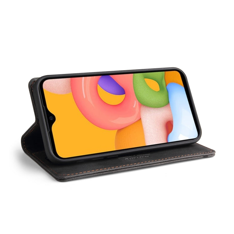 For Samsung Galaxy A01 Skin Feel Anti-theft Brush Horizontal Flip Leather Case with Holder & Card Slots & Wallet