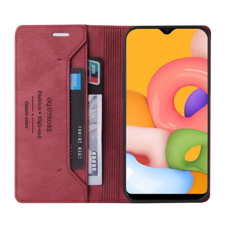 For Samsung Galaxy A01 Skin Feel Anti-theft Brush Horizontal Flip Leather Case with Holder & Card Slots & Wallet