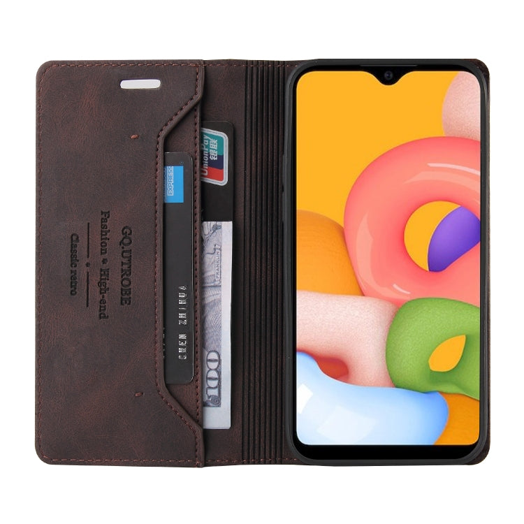 For Samsung Galaxy A01 Skin Feel Anti-theft Brush Horizontal Flip Leather Case with Holder & Card Slots & Wallet