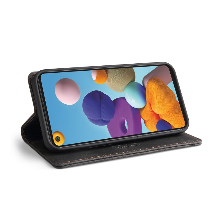 For Samsung Galaxy A21 Skin Feel Anti-theft Brush Horizontal Flip Leather Case with Holder & Card Slots & Wallet