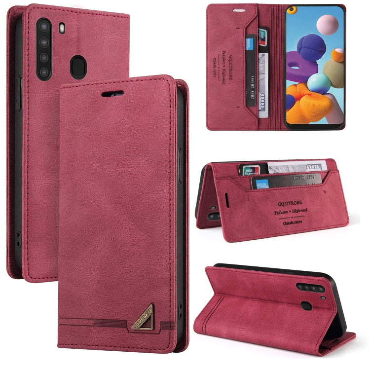 For Samsung Galaxy A21 Skin Feel Anti-theft Brush Horizontal Flip Leather Case with Holder & Card Slots & Wallet