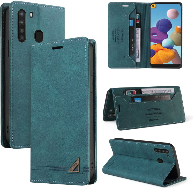 For Samsung Galaxy A21 Skin Feel Anti-theft Brush Horizontal Flip Leather Case with Holder & Card Slots & Wallet