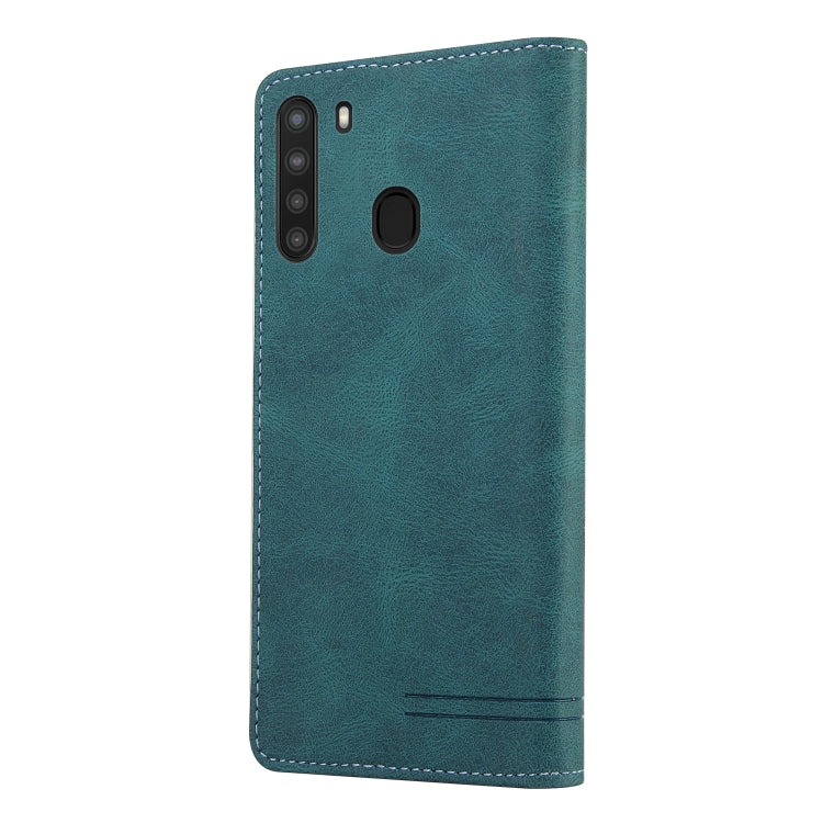 For Samsung Galaxy A21 Skin Feel Anti-theft Brush Horizontal Flip Leather Case with Holder & Card Slots & Wallet