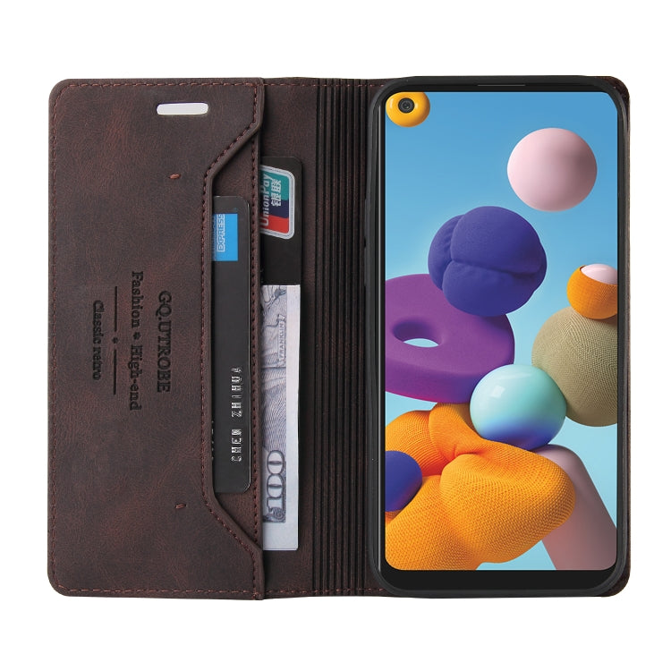 For Samsung Galaxy A21 Skin Feel Anti-theft Brush Horizontal Flip Leather Case with Holder & Card Slots & Wallet