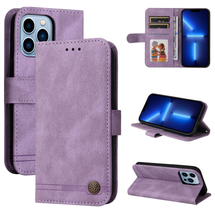 For iPhone 13 Pro Max Skin Feel Life Tree Metal Button Horizontal Flip Leather Case with Holder & Card Slot & Wallet & Photo Frame & Strap