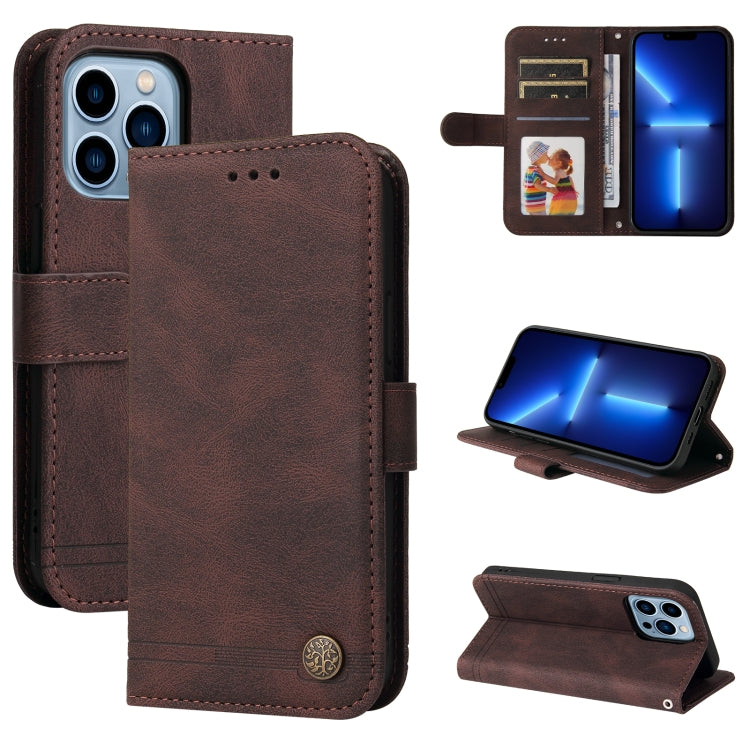 For iPhone 13 Pro Max Skin Feel Life Tree Metal Button Horizontal Flip Leather Case with Holder & Card Slot & Wallet & Photo Frame & Strap