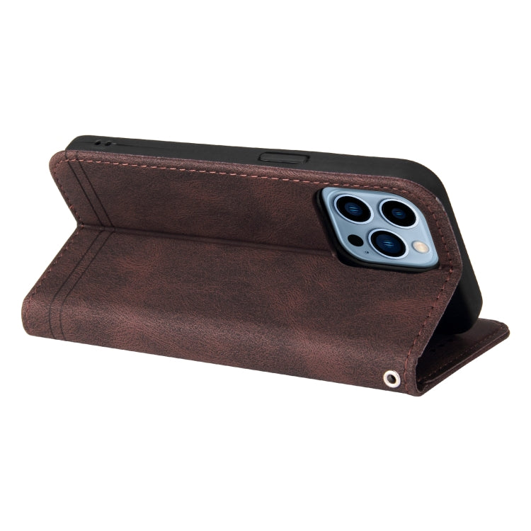 For iPhone 13 Pro Max Skin Feel Life Tree Metal Button Horizontal Flip Leather Case with Holder & Card Slot & Wallet & Photo Frame & Strap