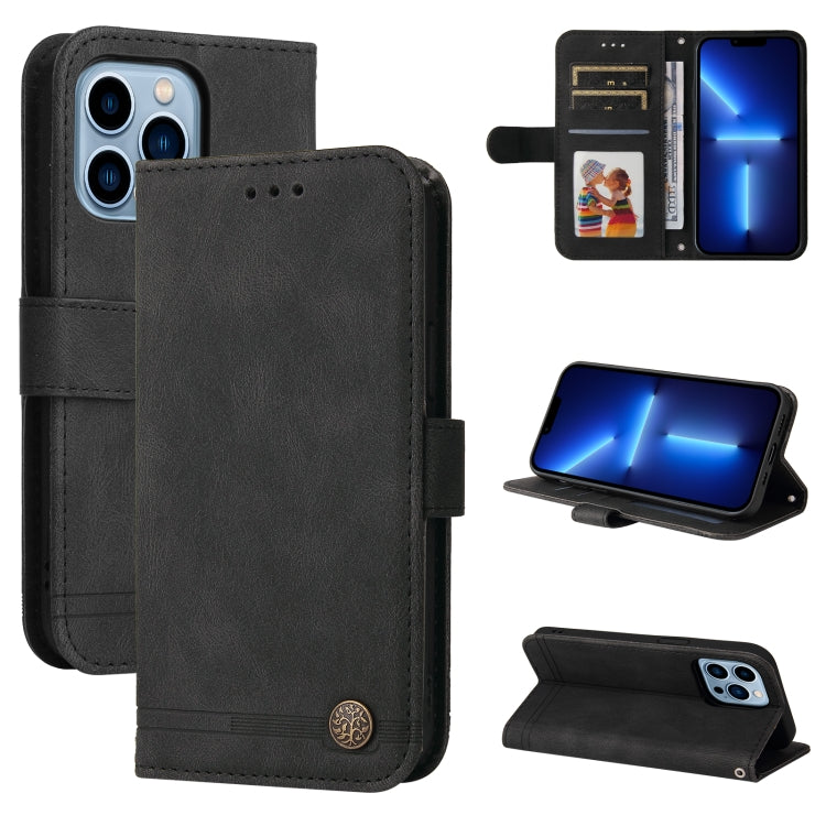 For iPhone 13 Pro Max Skin Feel Life Tree Metal Button Horizontal Flip Leather Case with Holder & Card Slot & Wallet & Photo Frame & Strap