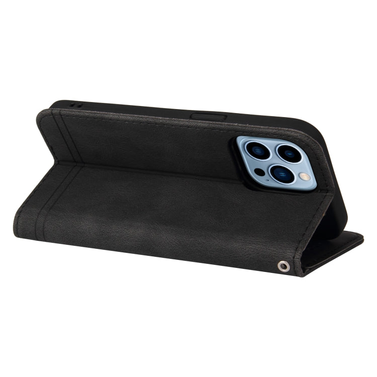 For iPhone 13 Pro Max Skin Feel Life Tree Metal Button Horizontal Flip Leather Case with Holder & Card Slot & Wallet & Photo Frame & Strap
