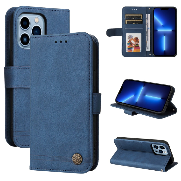 For iPhone 13 Pro Max Skin Feel Life Tree Metal Button Horizontal Flip Leather Case with Holder & Card Slot & Wallet & Photo Frame & Strap