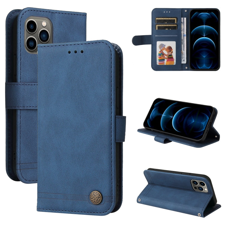 For iPhone 12 / 12 Pro Skin Feel Life Tree Metal Button Horizontal Flip Leather Case with Holder & Card Slot & Wallet & Photo Frame & Strap