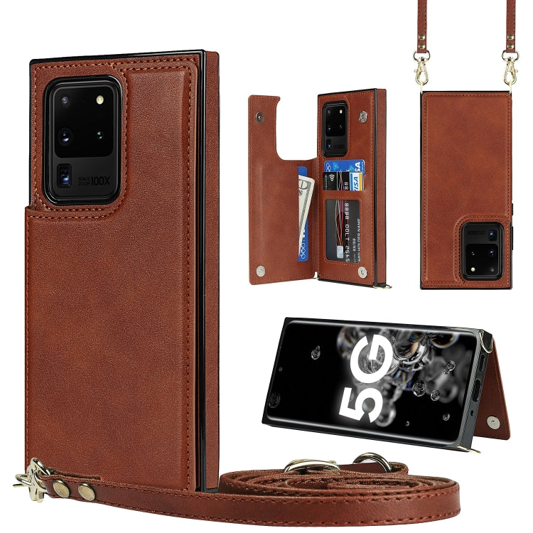 For Samsung Galaxy S20 Ultra Cross-body Square Double Buckle Flip Card Bag TPU+PU Case with Card Slots & Wallet & Photo & Strap