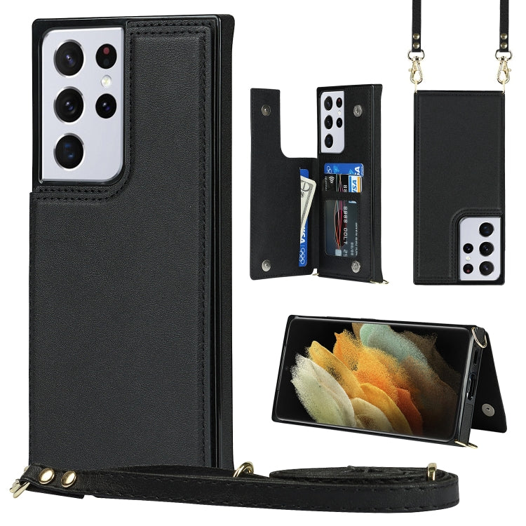 For Samsung Galaxy S21 Ultra 5G Cross-body Square Double Buckle Flip Card Bag TPU+PU Case with Card Slots & Wallet & Photo & Strap