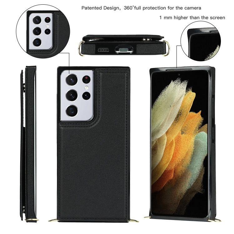 For Samsung Galaxy S21 Ultra 5G Cross-body Square Double Buckle Flip Card Bag TPU+PU Case with Card Slots & Wallet & Photo & Strap