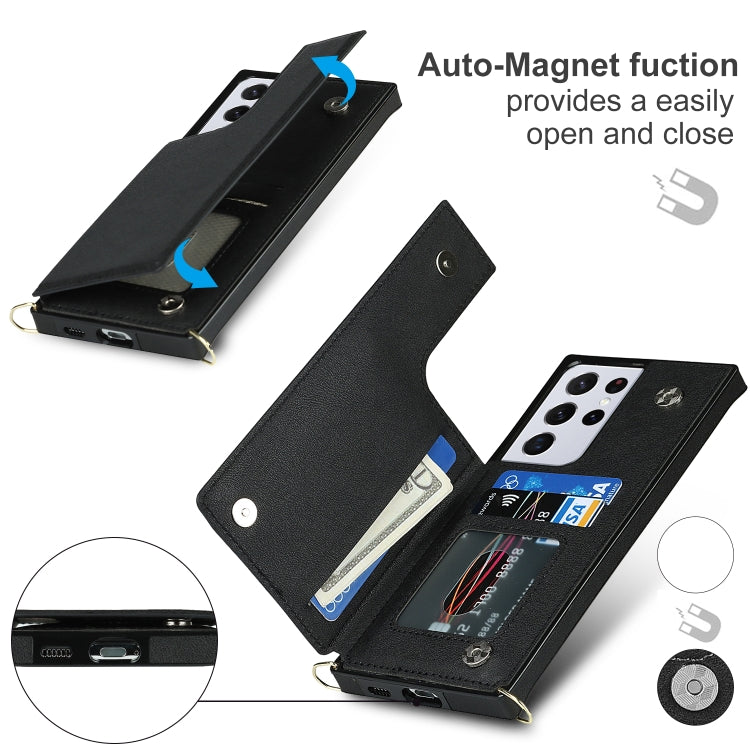 For Samsung Galaxy S21 Ultra 5G Cross-body Square Double Buckle Flip Card Bag TPU+PU Case with Card Slots & Wallet & Photo & Strap