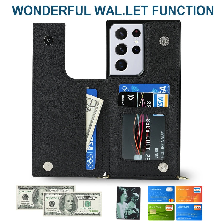 For Samsung Galaxy S21 Ultra 5G Cross-body Square Double Buckle Flip Card Bag TPU+PU Case with Card Slots & Wallet & Photo & Strap