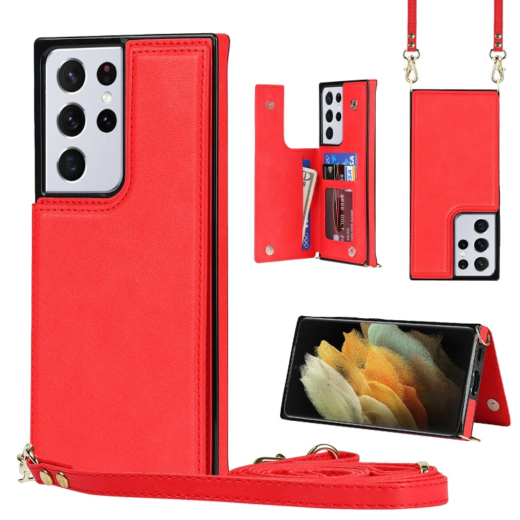 For Samsung Galaxy S21 Ultra 5G Cross-body Square Double Buckle Flip Card Bag TPU+PU Case with Card Slots & Wallet & Photo & Strap