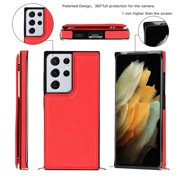 For Samsung Galaxy S21 Ultra 5G Cross-body Square Double Buckle Flip Card Bag TPU+PU Case with Card Slots & Wallet & Photo & Strap