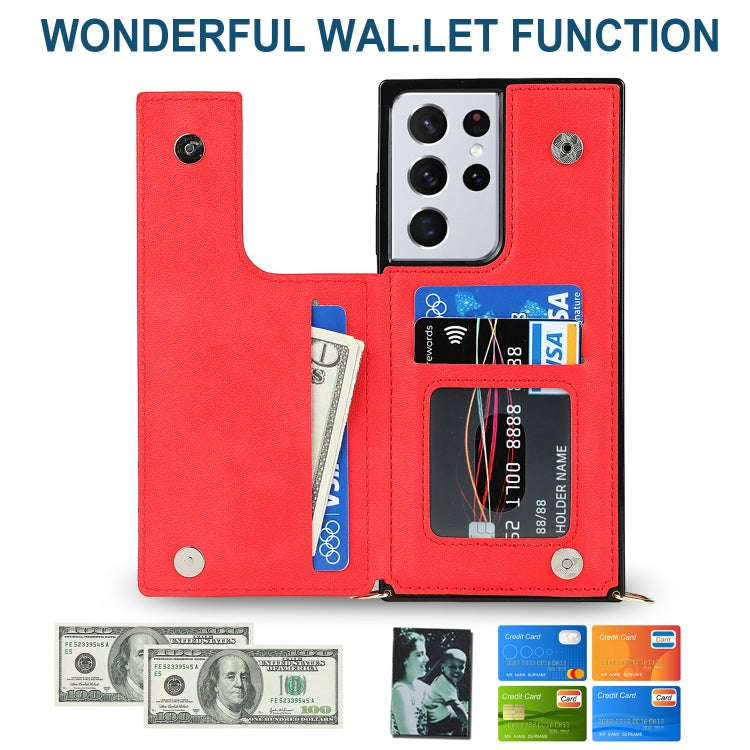 For Samsung Galaxy S21 Ultra 5G Cross-body Square Double Buckle Flip Card Bag TPU+PU Case with Card Slots & Wallet & Photo & Strap