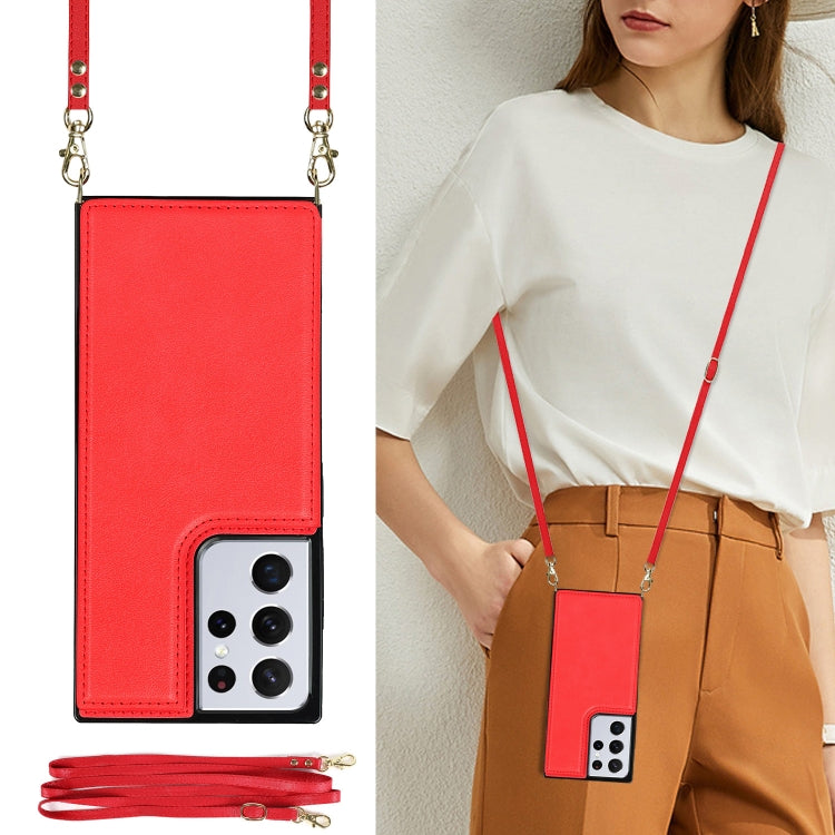 For Samsung Galaxy S21 Ultra 5G Cross-body Square Double Buckle Flip Card Bag TPU+PU Case with Card Slots & Wallet & Photo & Strap