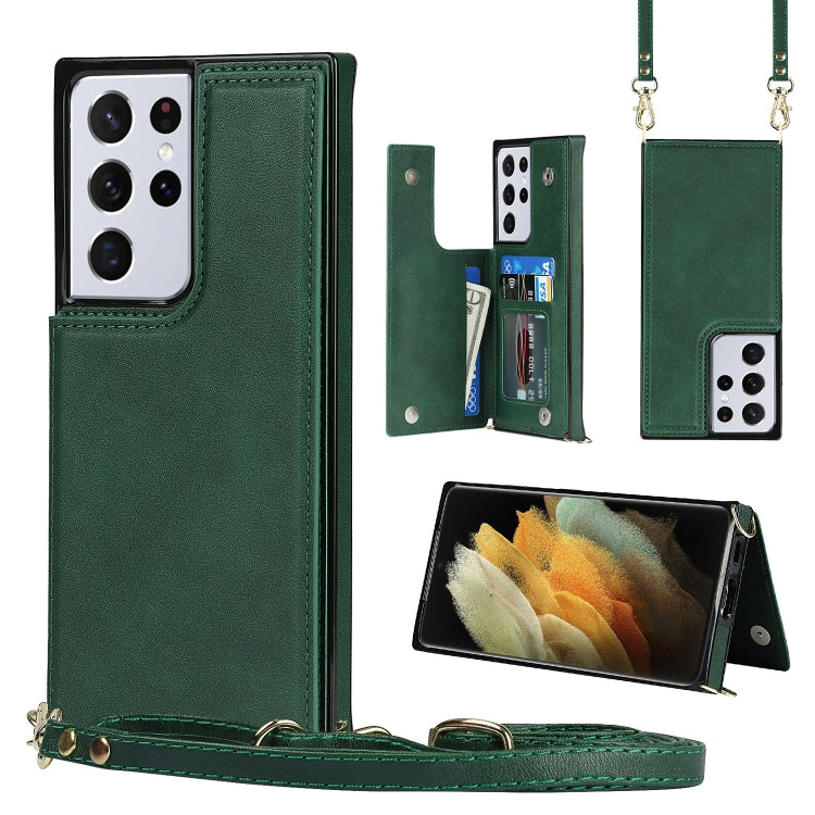 For Samsung Galaxy S21 Ultra 5G Cross-body Square Double Buckle Flip Card Bag TPU+PU Case with Card Slots & Wallet & Photo & Strap