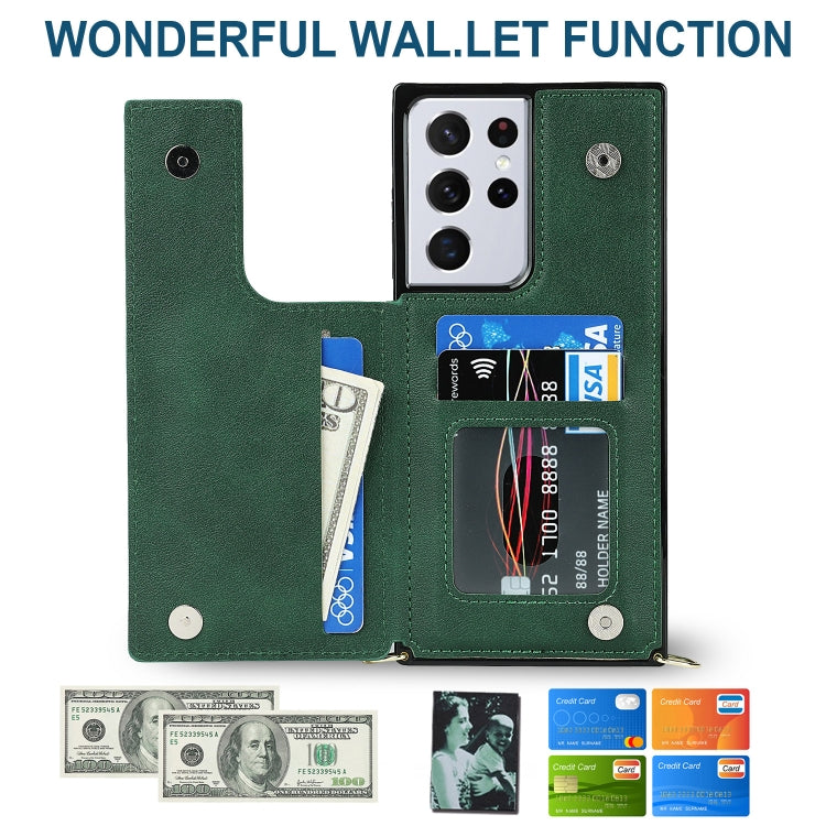 For Samsung Galaxy S21 Ultra 5G Cross-body Square Double Buckle Flip Card Bag TPU+PU Case with Card Slots & Wallet & Photo & Strap