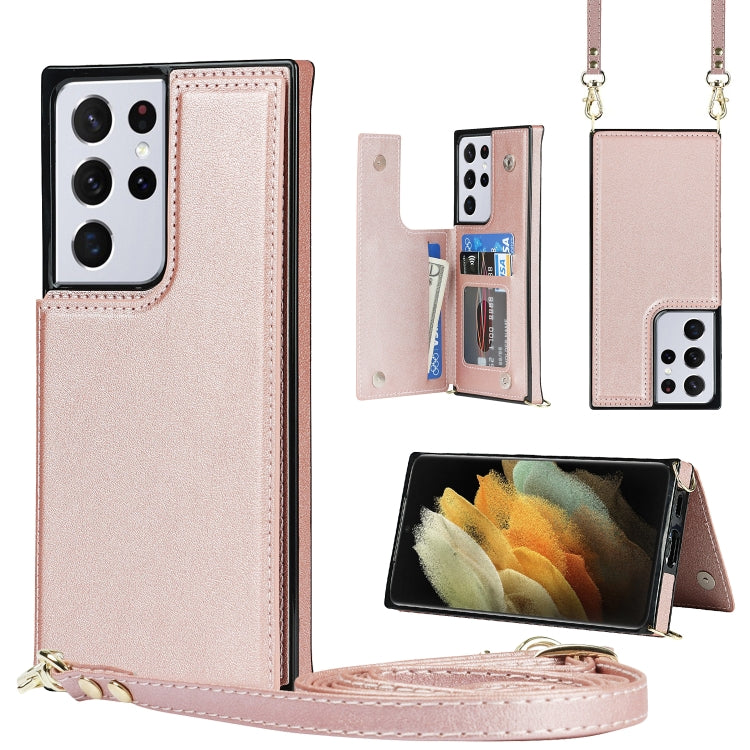 For Samsung Galaxy S21 Ultra 5G Cross-body Square Double Buckle Flip Card Bag TPU+PU Case with Card Slots & Wallet & Photo & Strap