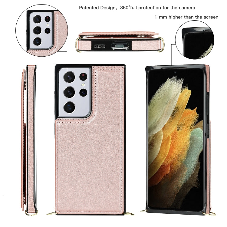 For Samsung Galaxy S21 Ultra 5G Cross-body Square Double Buckle Flip Card Bag TPU+PU Case with Card Slots & Wallet & Photo & Strap