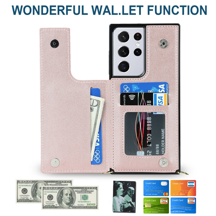 For Samsung Galaxy S21 Ultra 5G Cross-body Square Double Buckle Flip Card Bag TPU+PU Case with Card Slots & Wallet & Photo & Strap