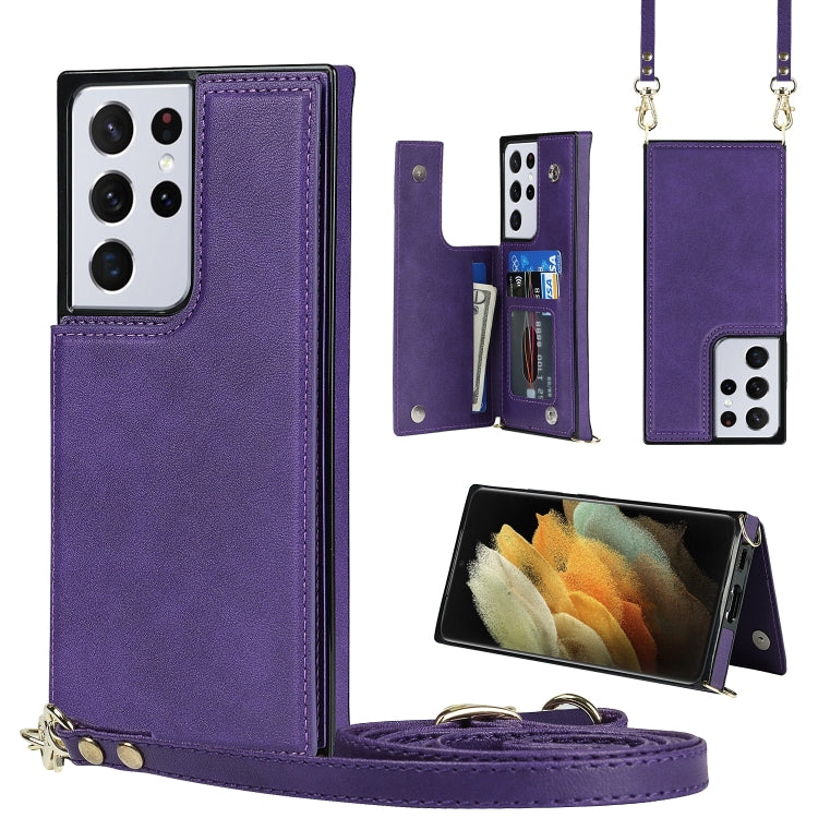 For Samsung Galaxy S21 Ultra 5G Cross-body Square Double Buckle Flip Card Bag TPU+PU Case with Card Slots & Wallet & Photo & Strap