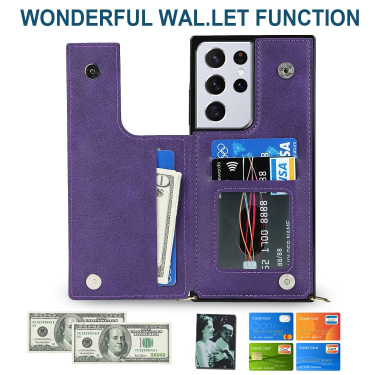 For Samsung Galaxy S21 Ultra 5G Cross-body Square Double Buckle Flip Card Bag TPU+PU Case with Card Slots & Wallet & Photo & Strap