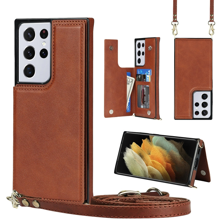 For Samsung Galaxy S21 Ultra 5G Cross-body Square Double Buckle Flip Card Bag TPU+PU Case with Card Slots & Wallet & Photo & Strap