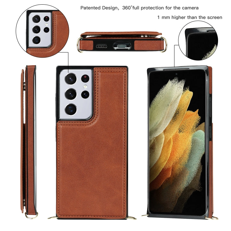 For Samsung Galaxy S21 Ultra 5G Cross-body Square Double Buckle Flip Card Bag TPU+PU Case with Card Slots & Wallet & Photo & Strap