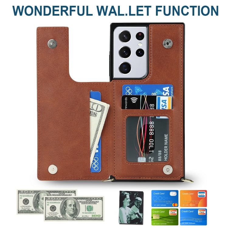 For Samsung Galaxy S21 Ultra 5G Cross-body Square Double Buckle Flip Card Bag TPU+PU Case with Card Slots & Wallet & Photo & Strap
