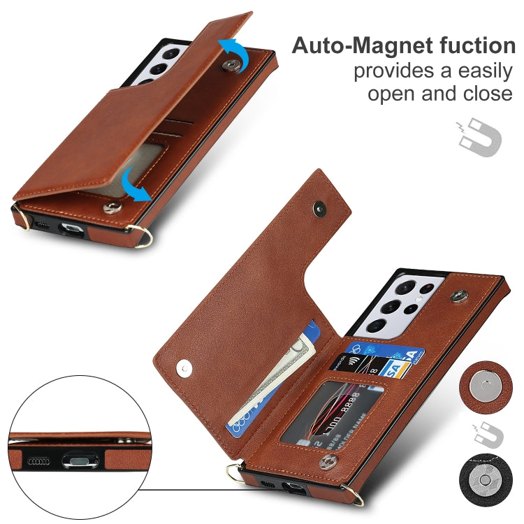 For Samsung Galaxy S21 Ultra 5G Cross-body Square Double Buckle Flip Card Bag TPU+PU Case with Card Slots & Wallet & Photo & Strap