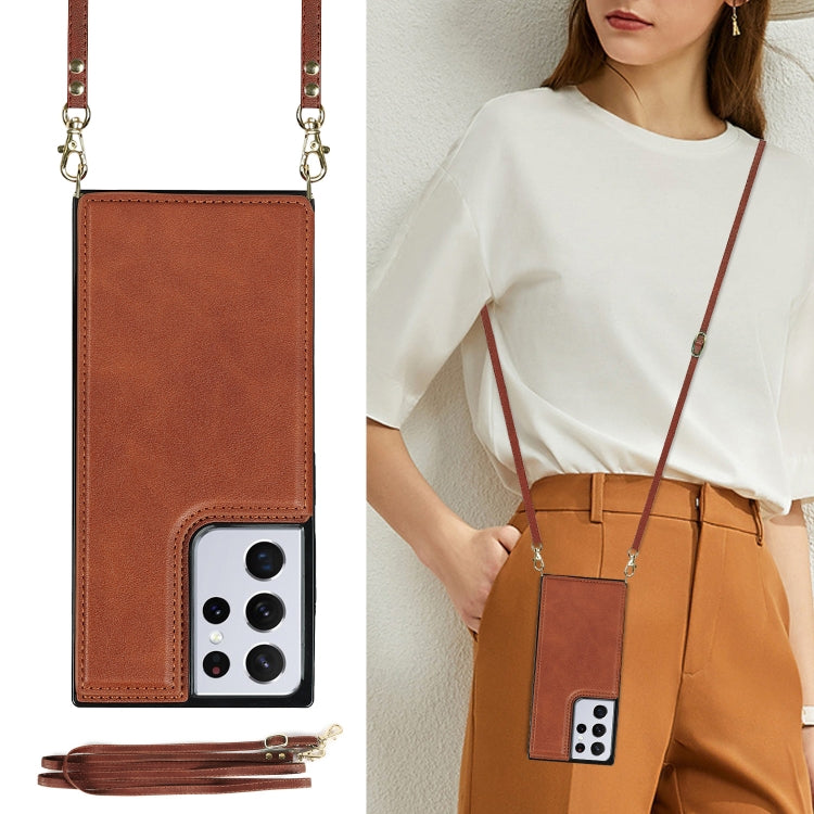 For Samsung Galaxy S21 Ultra 5G Cross-body Square Double Buckle Flip Card Bag TPU+PU Case with Card Slots & Wallet & Photo & Strap