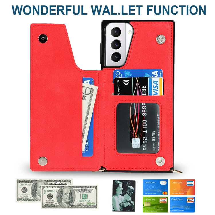 For Samsung Galaxy S21+ 5G Cross-body Square Double Buckle Flip Card Bag TPU+PU Case with Card Slots & Wallet & Photo & Strap