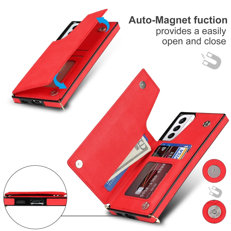 For Samsung Galaxy S21+ 5G Cross-body Square Double Buckle Flip Card Bag TPU+PU Case with Card Slots & Wallet & Photo & Strap