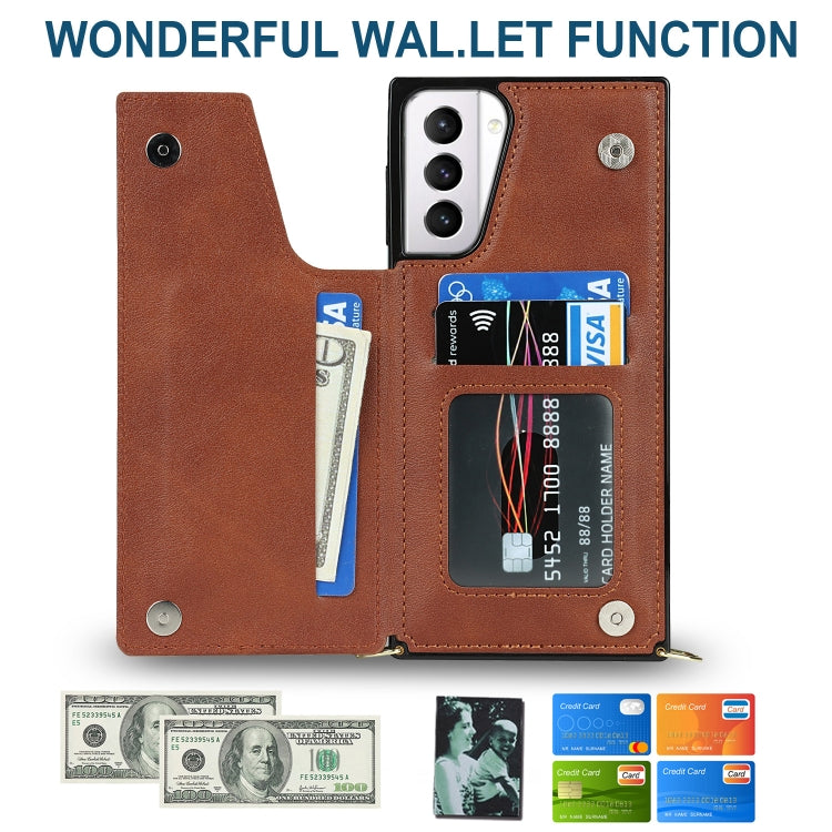 For Samsung Galaxy S21+ 5G Cross-body Square Double Buckle Flip Card Bag TPU+PU Case with Card Slots & Wallet & Photo & Strap