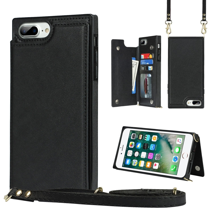For iPhone SE 2022 / SE 2020 / 8 / 7 Cross-body Square Double Buckle Flip Card Bag TPU+PU Case with Card Slots & Wallet & Photo & Strap