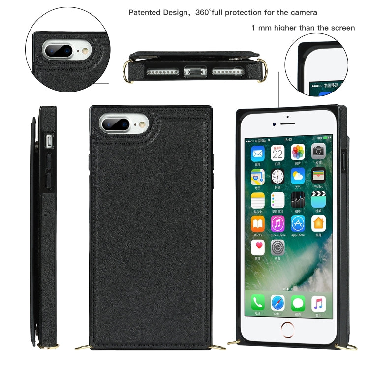For iPhone SE 2022 / SE 2020 / 8 / 7 Cross-body Square Double Buckle Flip Card Bag TPU+PU Case with Card Slots & Wallet & Photo & Strap