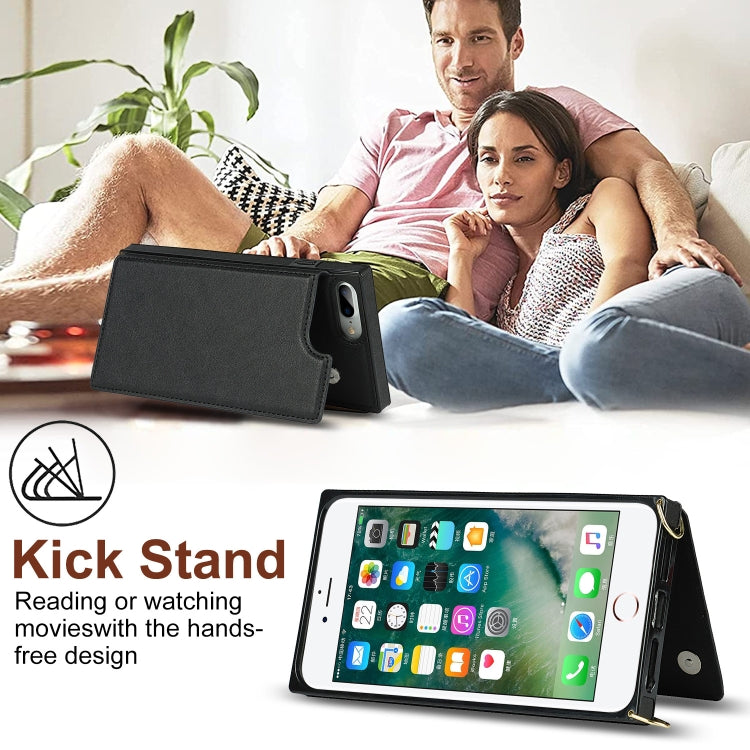 For iPhone SE 2022 / SE 2020 / 8 / 7 Cross-body Square Double Buckle Flip Card Bag TPU+PU Case with Card Slots & Wallet & Photo & Strap