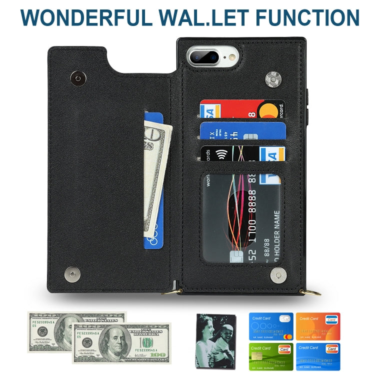 For iPhone SE 2022 / SE 2020 / 8 / 7 Cross-body Square Double Buckle Flip Card Bag TPU+PU Case with Card Slots & Wallet & Photo & Strap