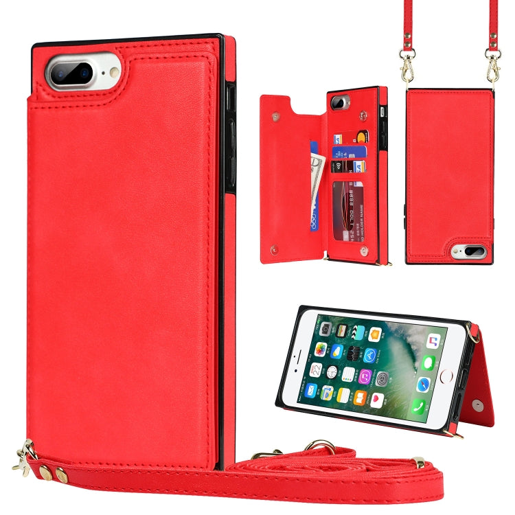 For iPhone SE 2022 / SE 2020 / 8 / 7 Cross-body Square Double Buckle Flip Card Bag TPU+PU Case with Card Slots & Wallet & Photo & Strap