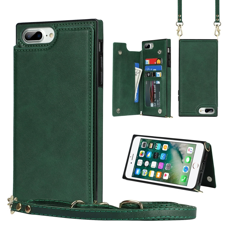 For iPhone SE 2022 / SE 2020 / 8 / 7 Cross-body Square Double Buckle Flip Card Bag TPU+PU Case with Card Slots & Wallet & Photo & Strap