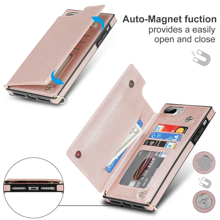 For iPhone SE 2022 / SE 2020 / 8 / 7 Cross-body Square Double Buckle Flip Card Bag TPU+PU Case with Card Slots & Wallet & Photo & Strap