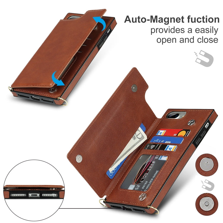 For iPhone SE 2022 / SE 2020 / 8 / 7 Cross-body Square Double Buckle Flip Card Bag TPU+PU Case with Card Slots & Wallet & Photo & Strap